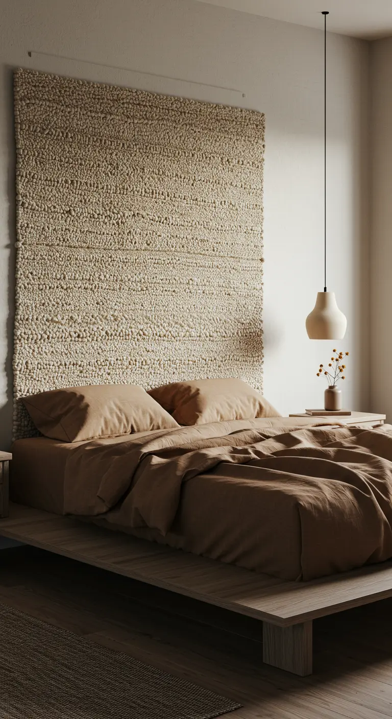 Gran tapiz de lana texturizada colgado en la pared como cabecero de cama.