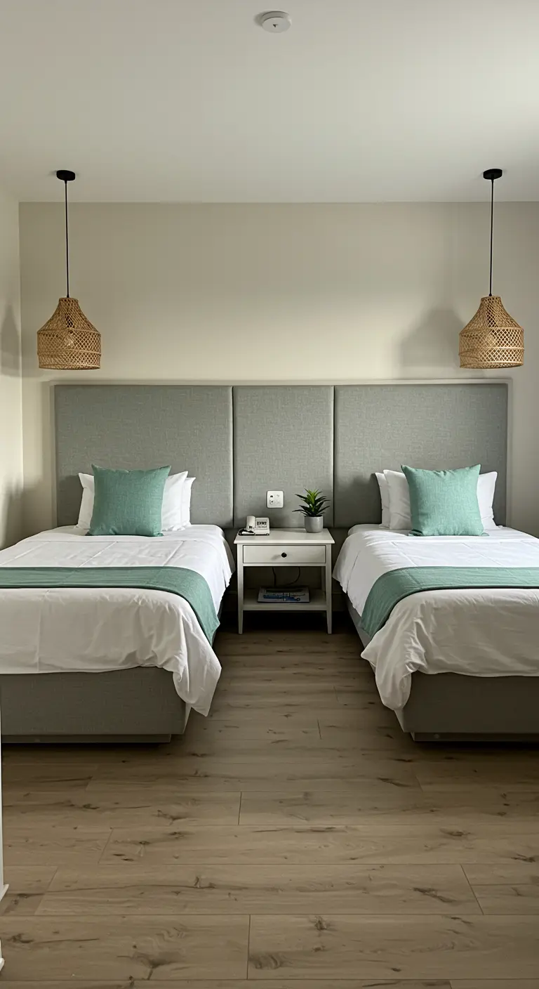 Dormitorio con dos camas unidas por un gran cabecero tapizado en gris y cojines verde menta.
