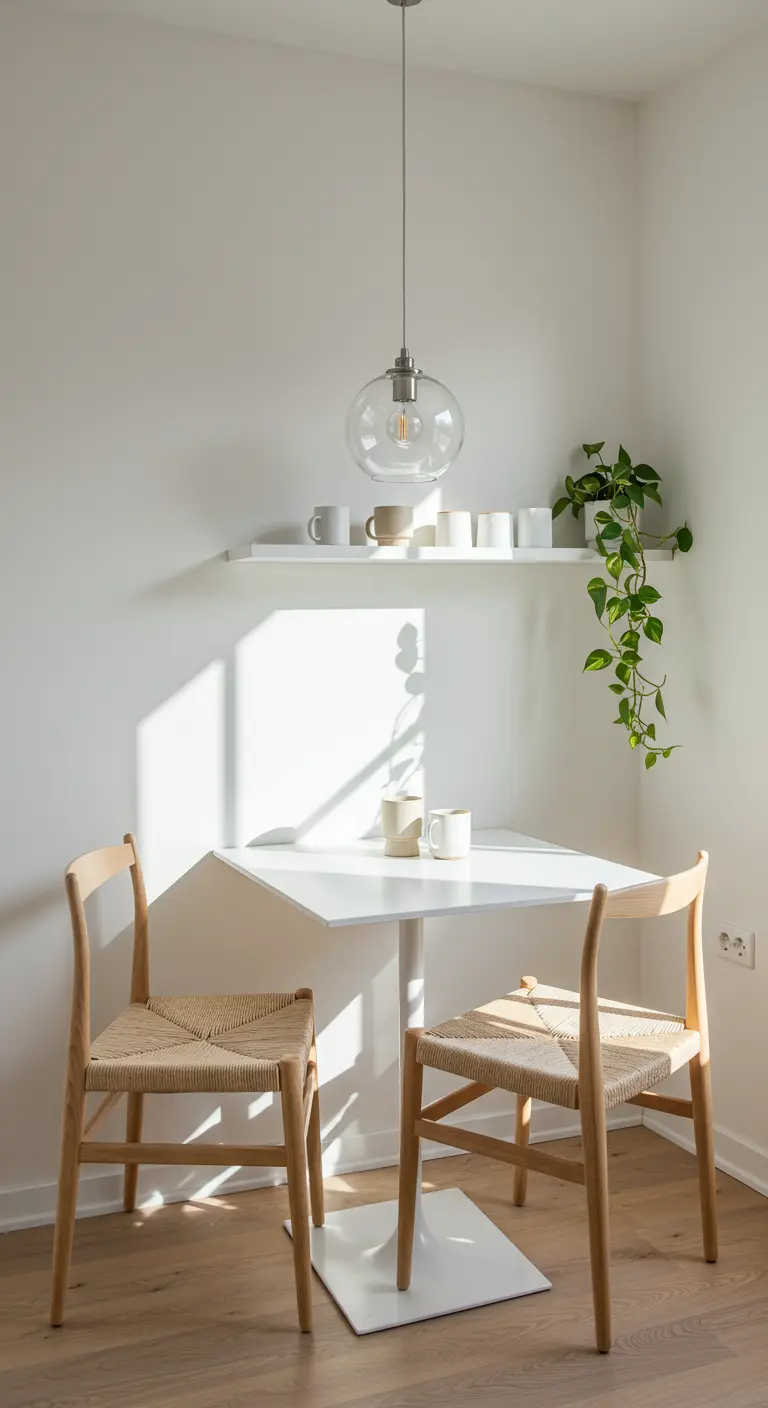 Pequeño comedor con mesa blanca, sillas de madera con asiento de cuerda y una planta colgante.
