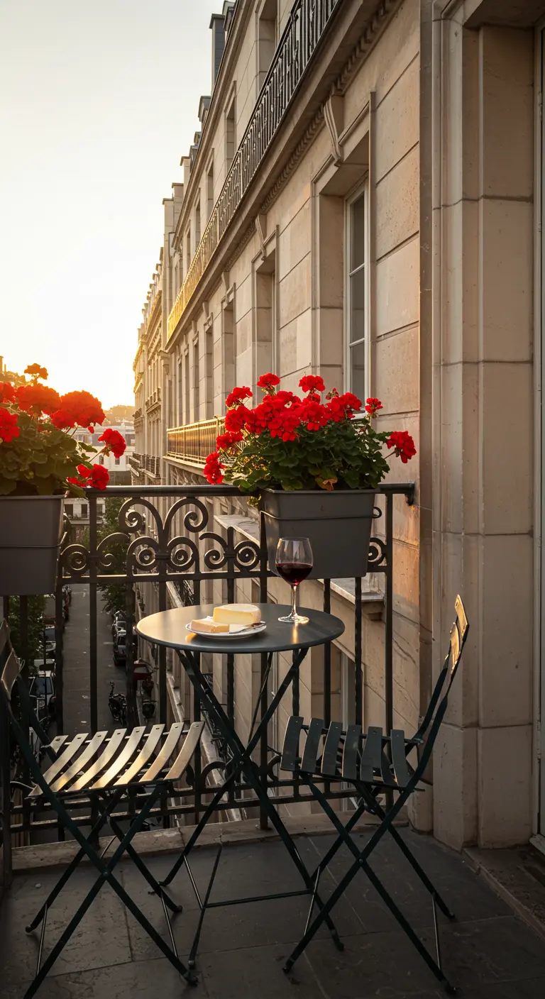 Balcón parisino con mesa de bistró, vino y geranios rojos al atardecer