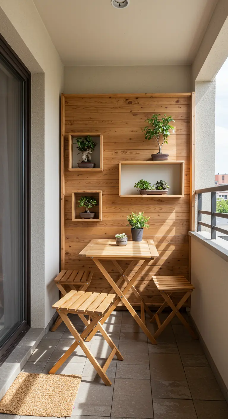 Balcón pequeño con muebles de madera plegables y pared con estantes para bonsáis.