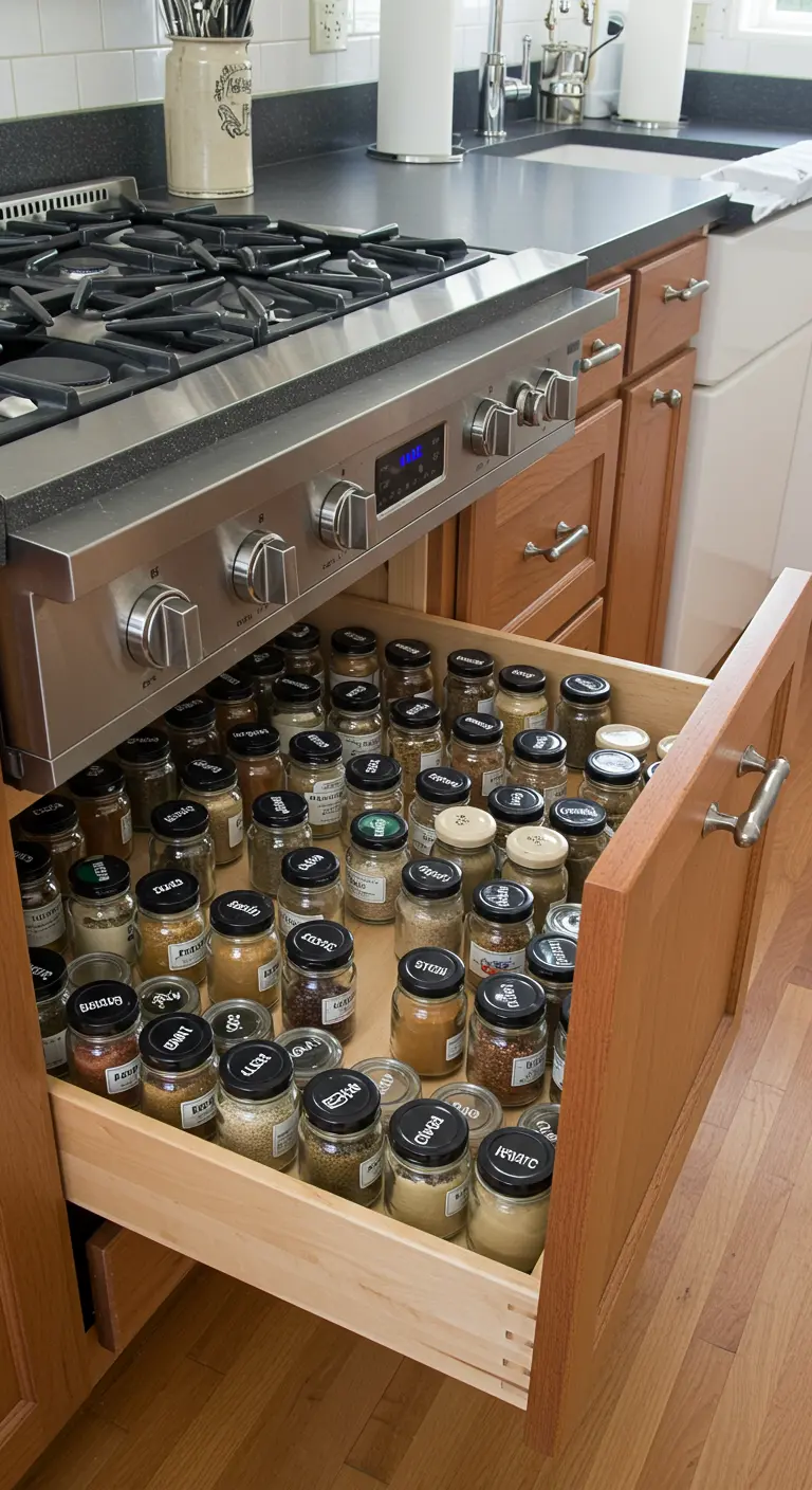 Cajón de cocina abierto lleno de frascos de especias idénticos con etiquetas negras en las tapas.
