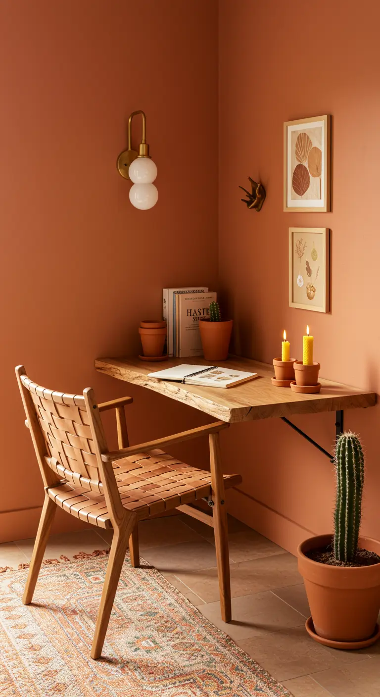 Escritorio esquinero de madera en una habitación color terracota con silla de cuero y cactus.
