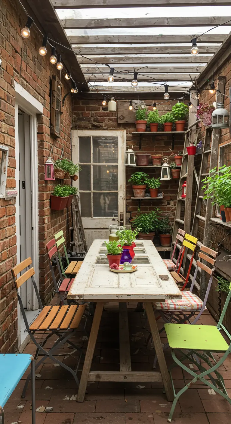Patio estrecho y ecléctico con mesa hecha de una puerta, sillas de colores y muchas plantas.