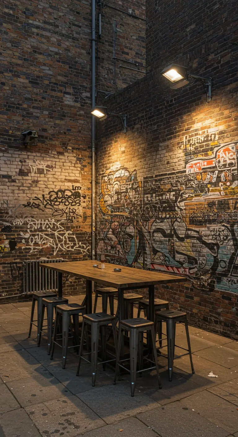 Patio interior de ladrillo con paredes cubiertas de grafiti y una mesa alta de estilo industrial