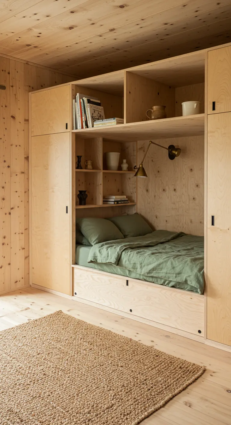 Cama encastrada en una estructura de madera clara con estanterías y ropa de cama verde.