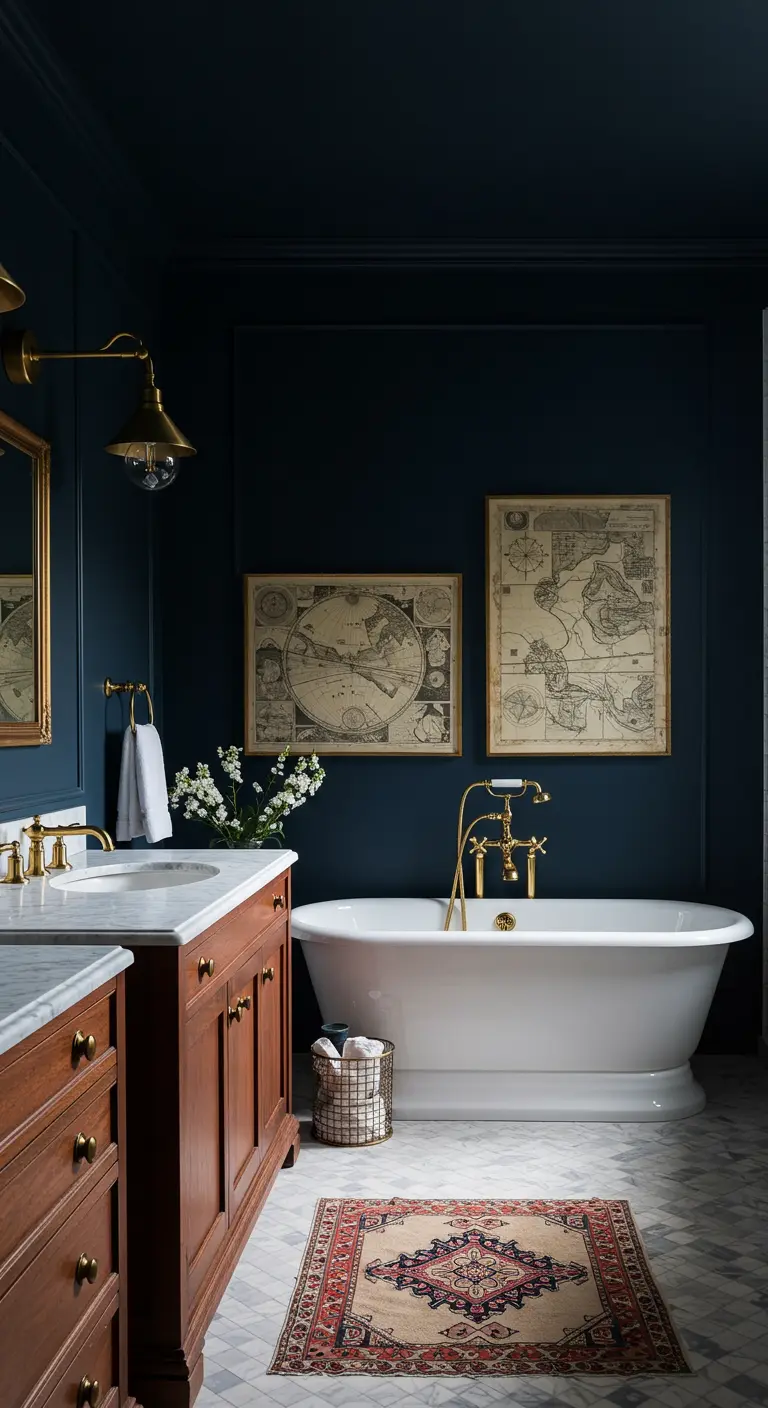 Baño azul marino con bañera exenta, mueble de madera y mapas náuticos en la pared.
