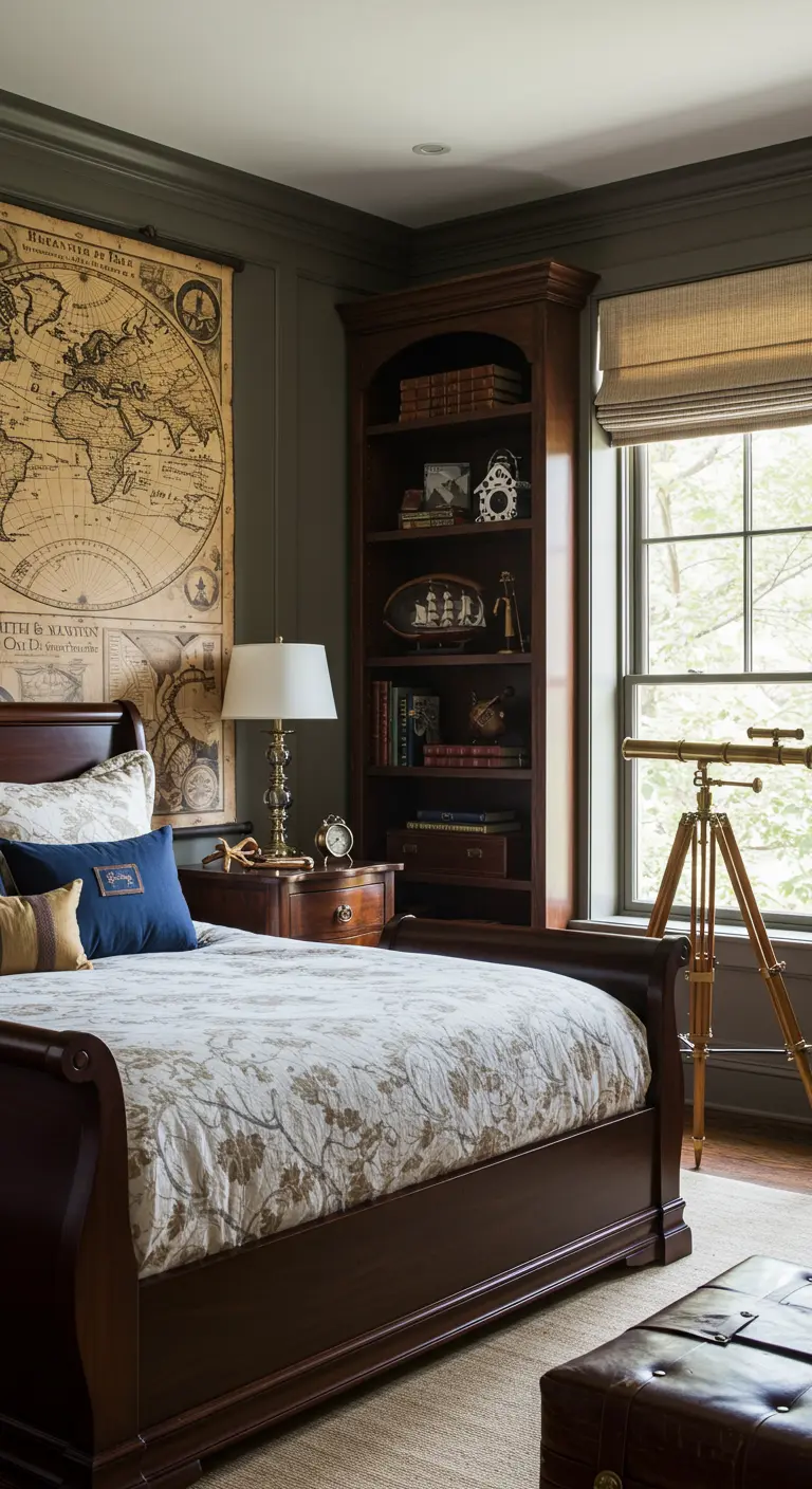 Dormitorio clásico con muebles de madera oscura, un gran mapa en la pared y un telescopio.