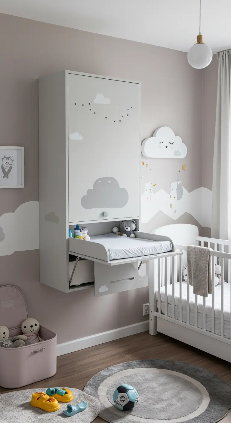 Cambiador de bebé plegable montado en la pared con diseño de nubes.