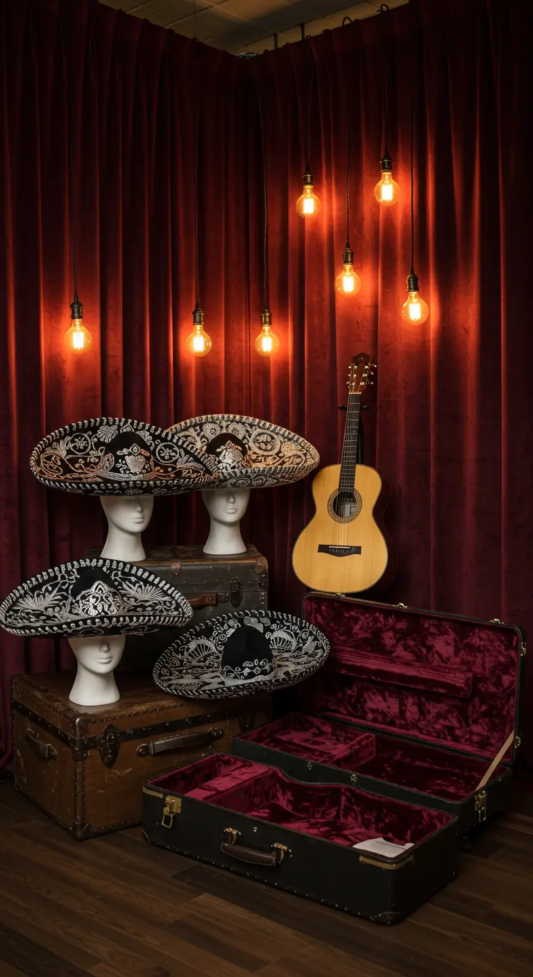 Sombreros de mariachi sobre cabezas de maniquí, con maletas vintage y un telón de fondo rojo.