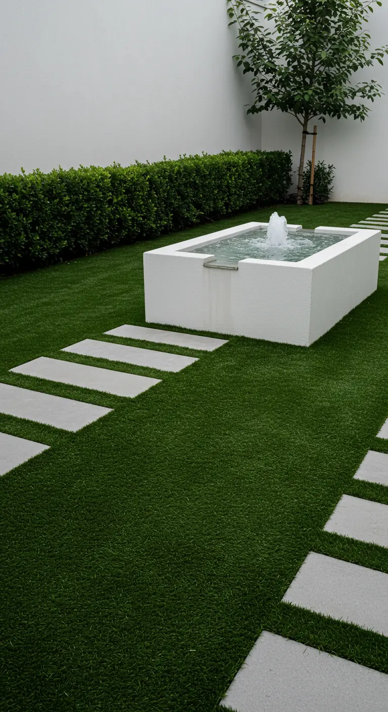 Jardín minimalista con fuente rectangular blanca y un sendero de losas sobre el césped.