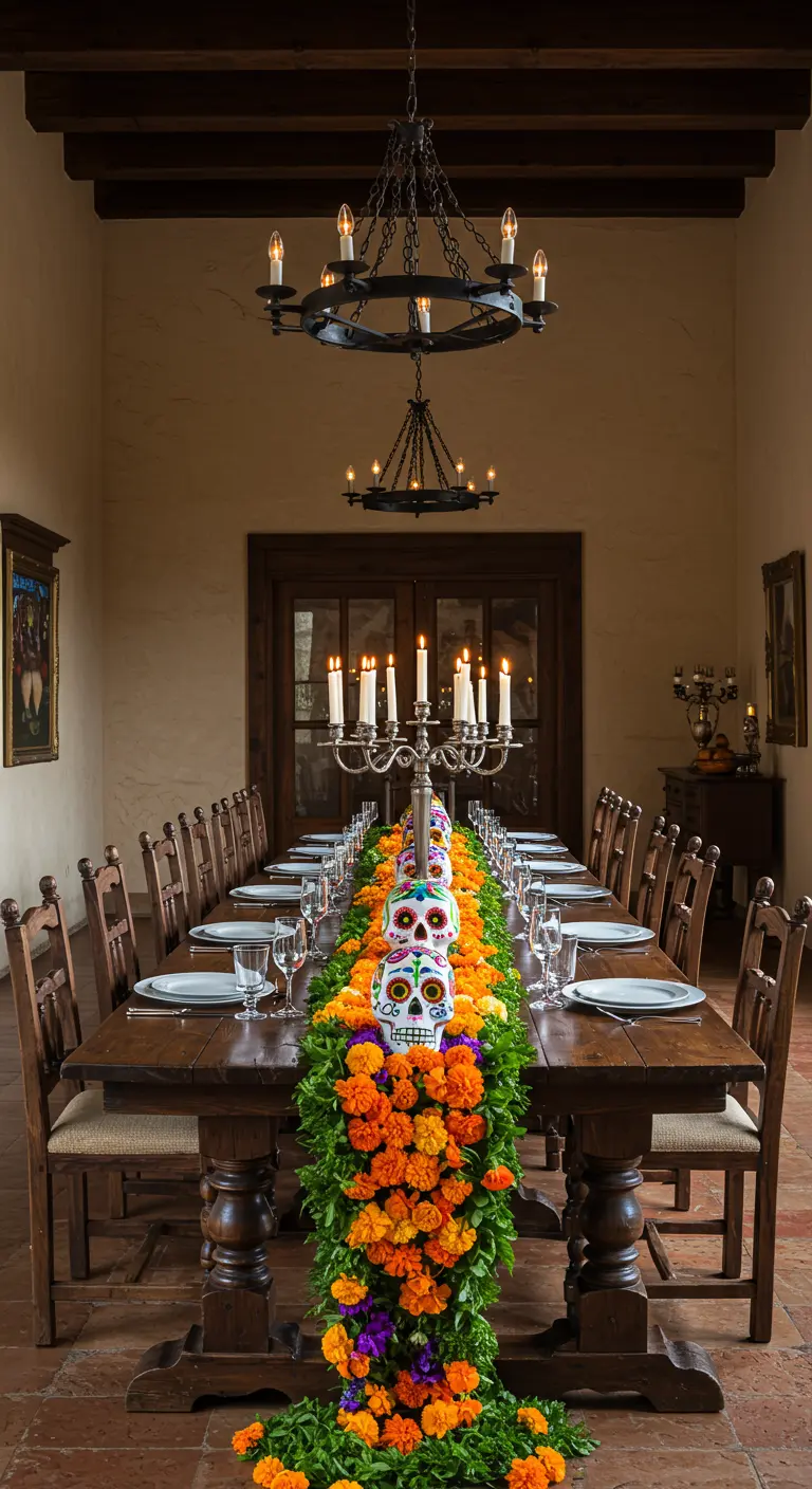 Mesa de comedor elegante con un camino de flores de cempasúchil y calaveritas de azúcar.