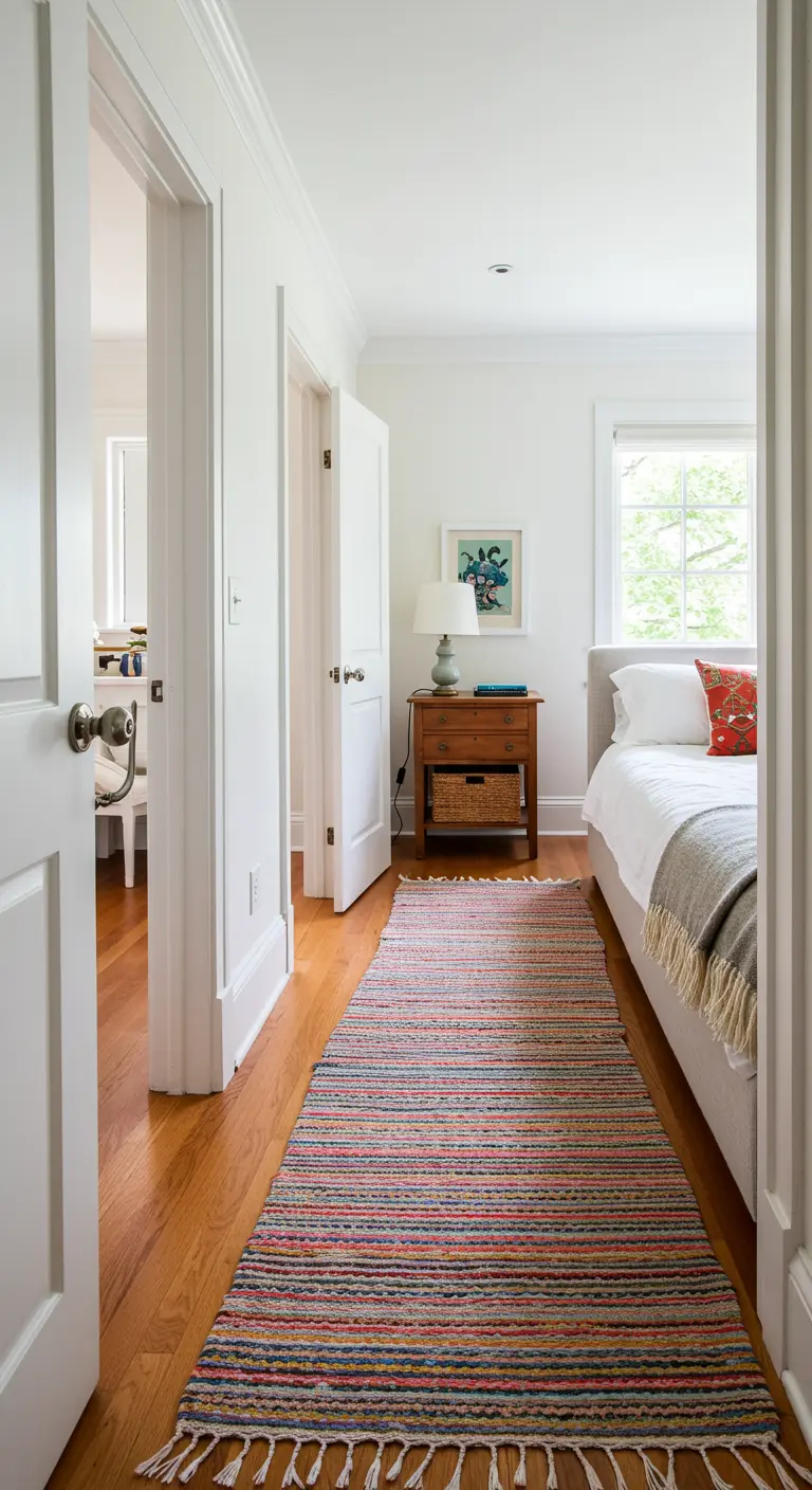 Alfombra pasillera de rayas multicolor en el suelo de un dormitorio alargado.