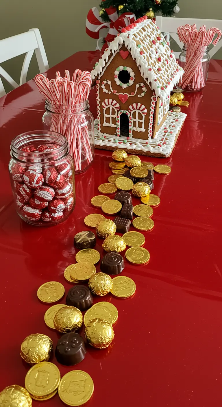 Mantel rojo brillante con un camino de monedas de chocolate doradas que lleva a una casa de jengibre.