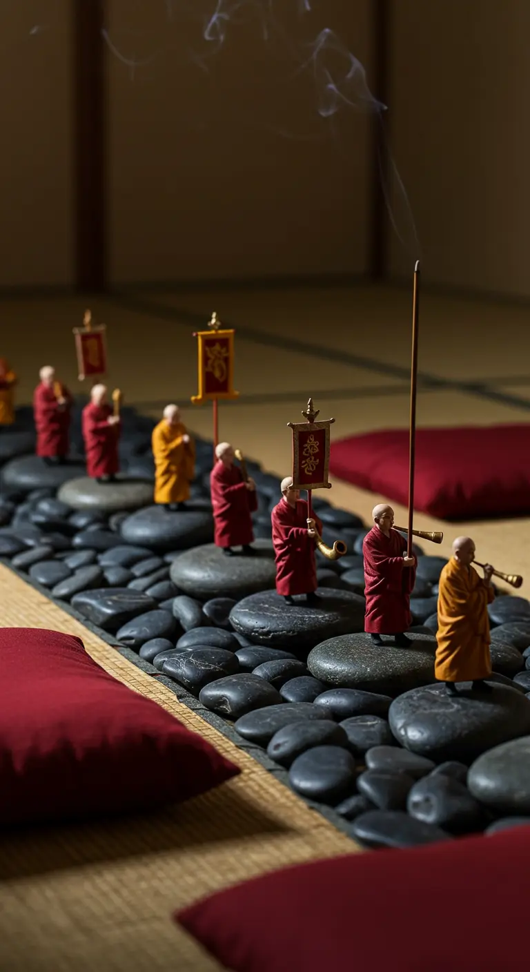 Procesión de figuras de monjes budistas sobre un camino de piedras negras de río.