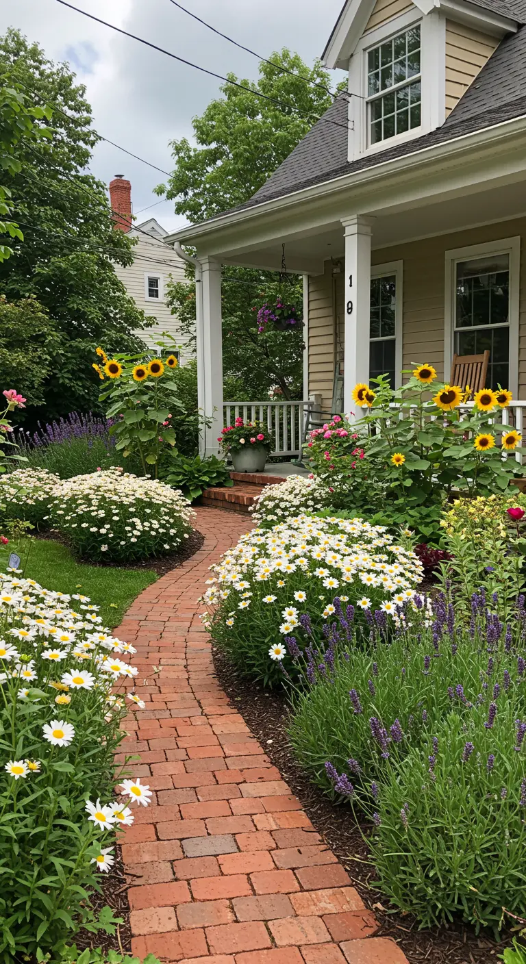 Camino curvo de ladrillo rojo que lleva a un porche, bordeado por montículos frondosos de margaritas y lavanda.