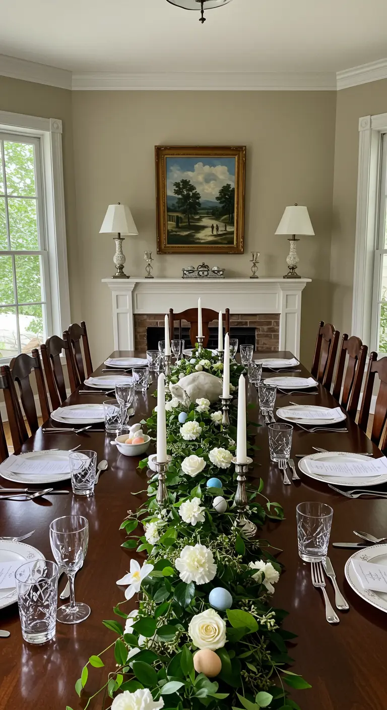 Larga mesa de comedor con un exuberante camino de mesa de flores blancas y huevos de Pascua.