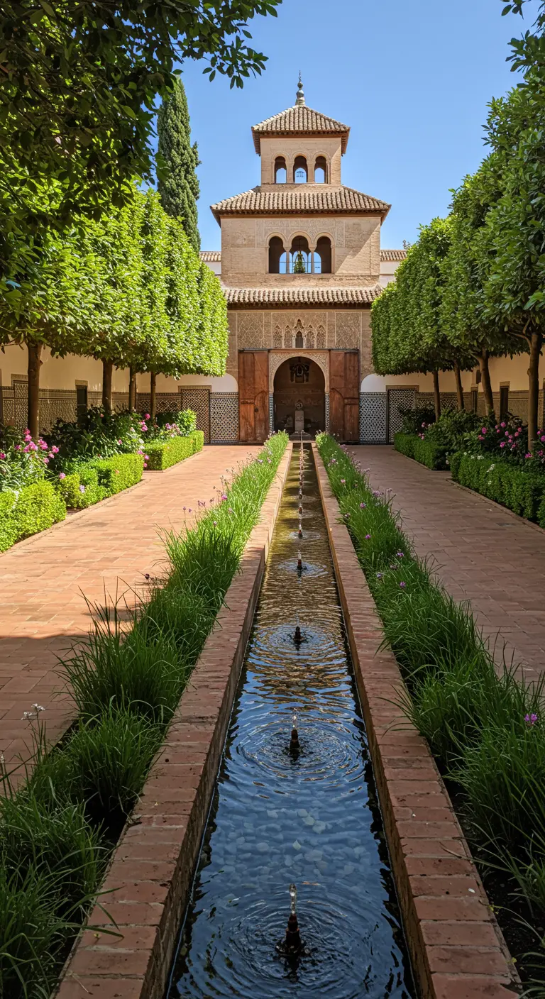 Jardín de inspiración árabe con un largo y estrecho canal de agua flanqueado por vegetación