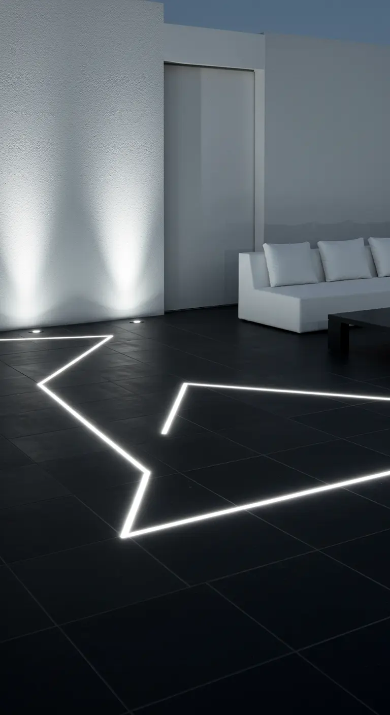 Tiras de luz LED blancas empotradas en un suelo oscuro formando un camino en zigzag.