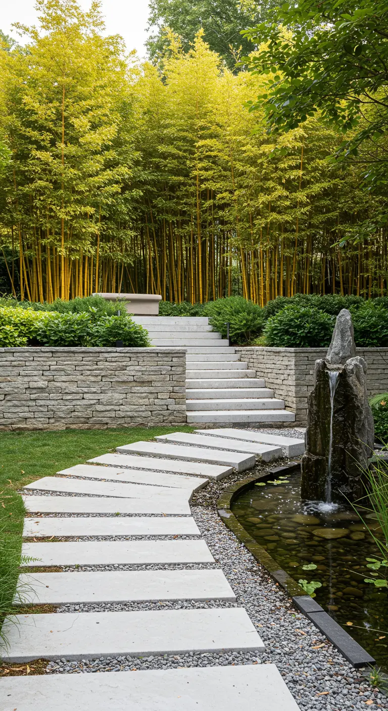 Sendero de hormigón con escalones que sube junto a un pequeño estanque y una fuente de roca.