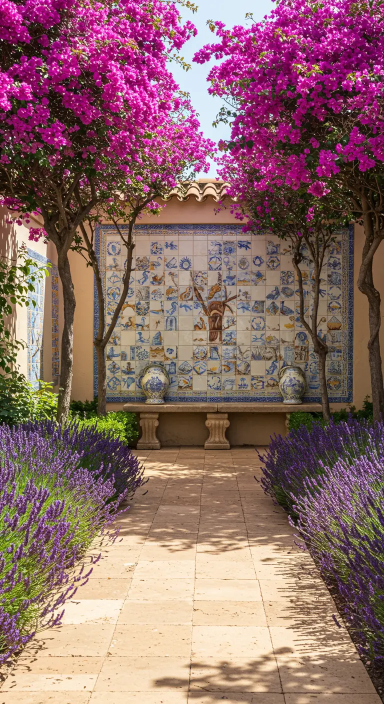 Camino de baldosas flanqueado por lavanda que conduce a un gran mural de azulejos portugueses.