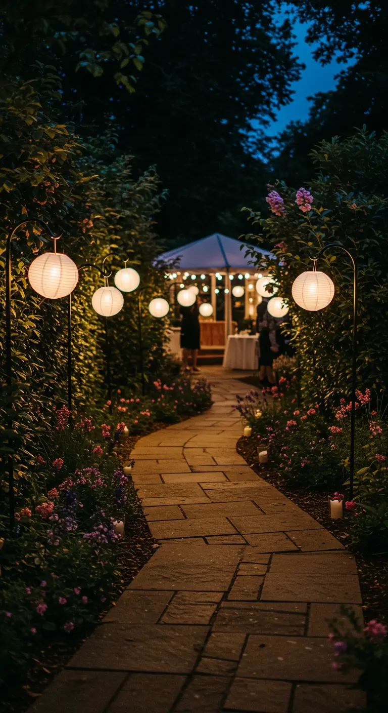 Camino de piedra en un jardín iluminado por lámparas de papel en ganchos.