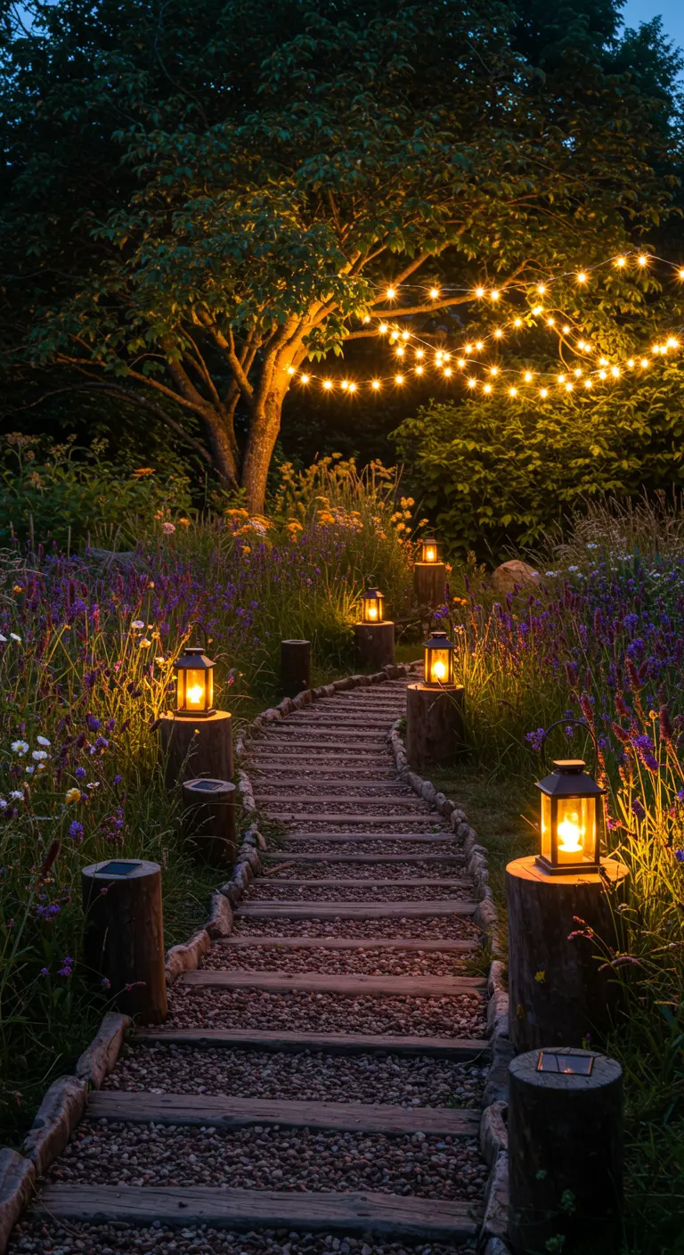 Sendero de jardín iluminado por la noche con farolillos sobre postes de madera y guirnaldas de luces