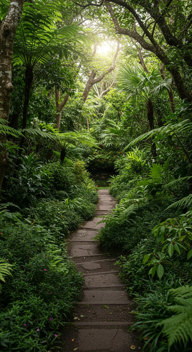 Sendero de piedra que se adentra en un frondoso y denso jardín tropical con helechos.