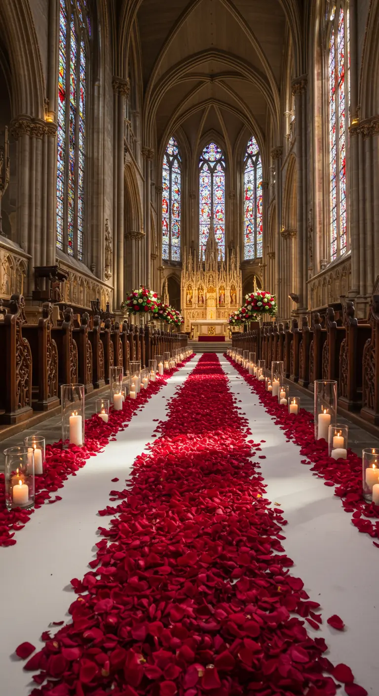Pasillo de iglesia con alfombra blanca y pétalos rojos, flanqueado por velas.