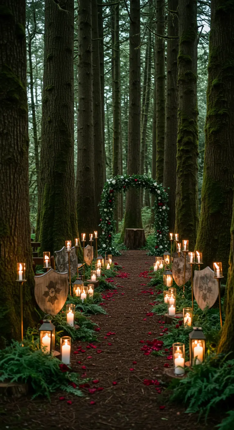 Pasillo de boda en un bosque iluminado por velas, con escudos y un arco floral al fondo.