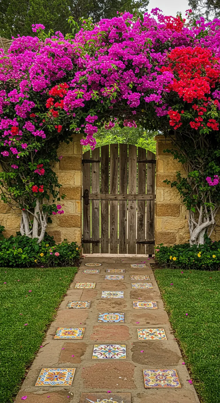 Camino de baldosas y azulejos decorados que lleva a una puerta de madera bajo un arco de buganvillas.