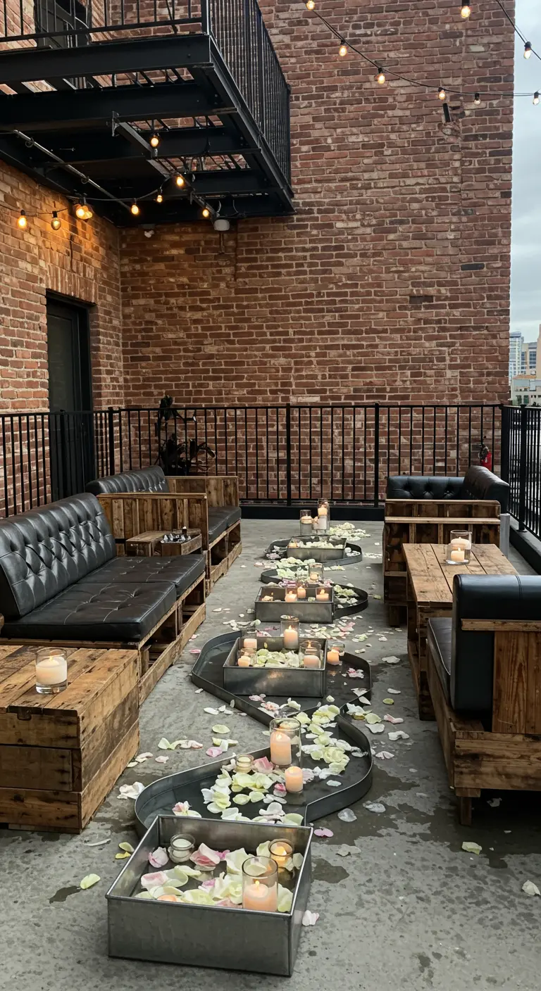 Terraza industrial con un camino serpenteante de metal lleno de agua, pétalos y velas.
