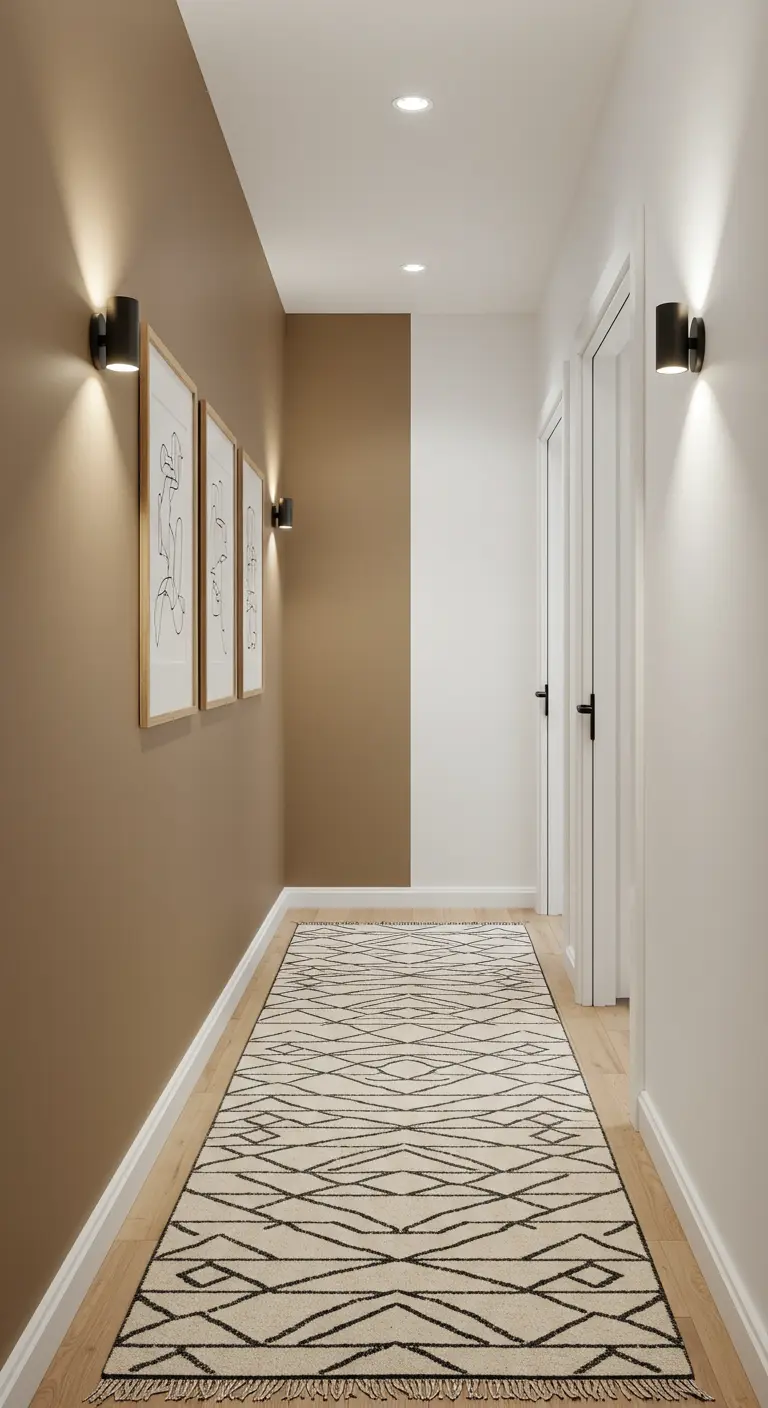Pasillo largo con una pared de acento en color marrón topo y alfombra geométrica.