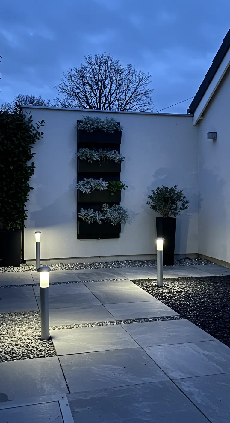Patio minimalista con baldosas grises, luces solares modernas y una jardinera vertical negra.
