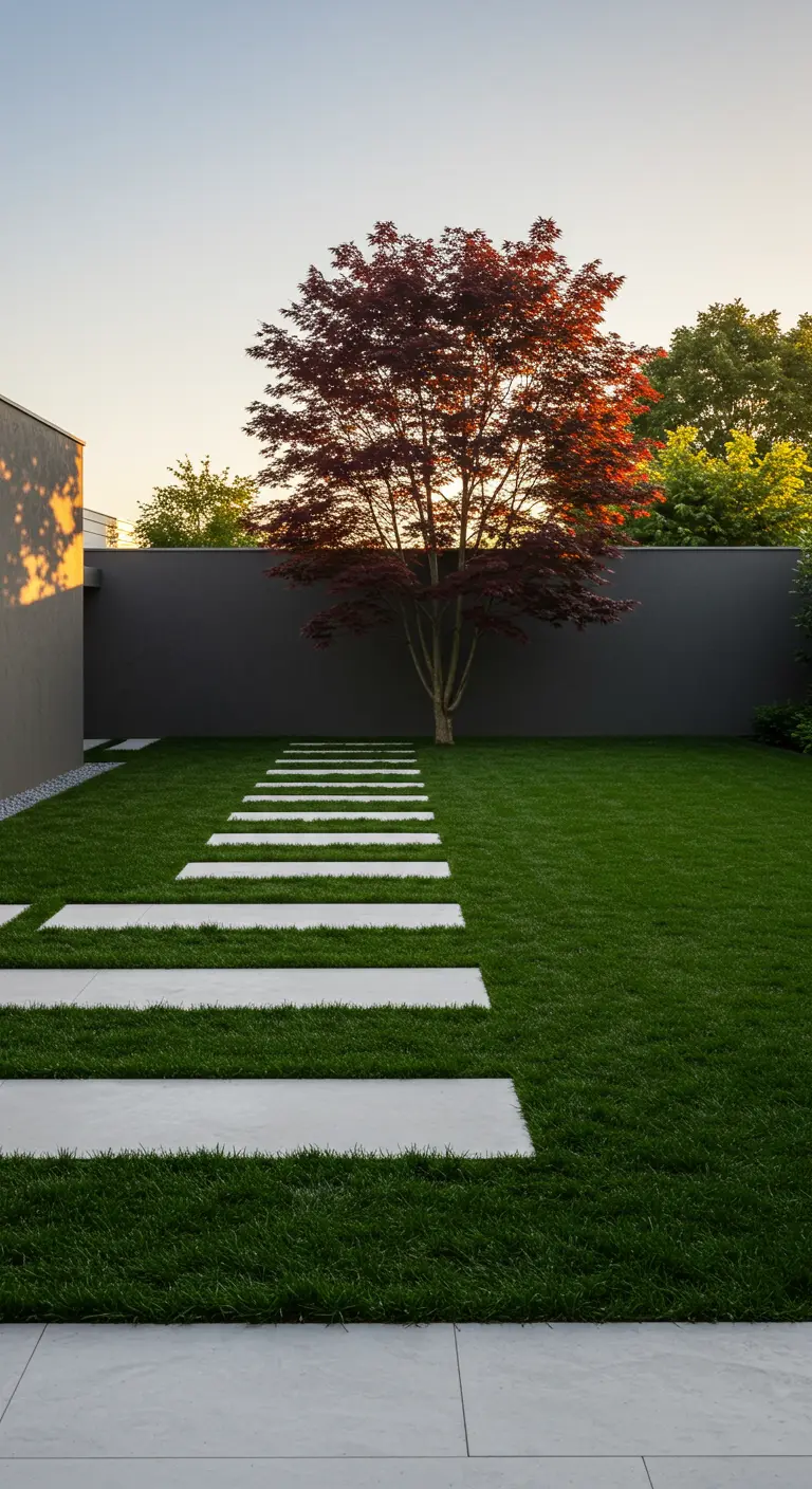 Sendero de losas blancas rectangulares sobre césped verde que conduce a un arce japonés.
