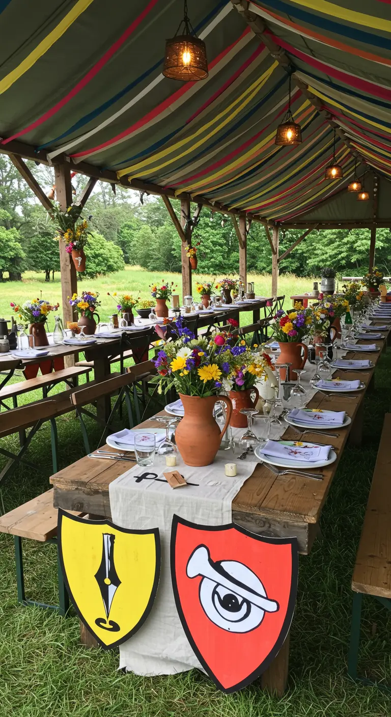 Banquete al aire libre bajo una carpa a rayas con flores silvestres y escudos de colores.