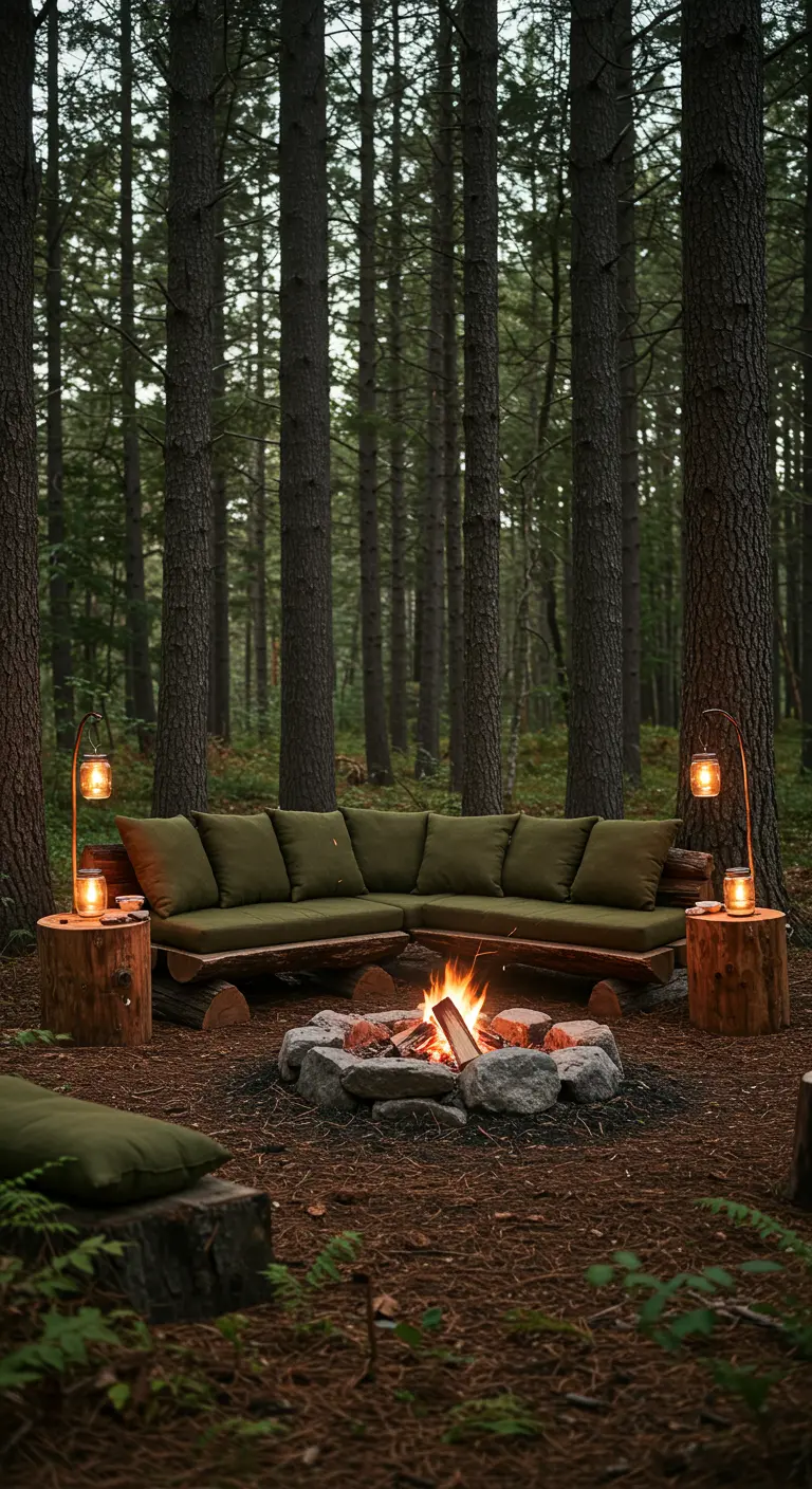 Sofá rústico hecho con troncos y cojines verdes alrededor de una hoguera de piedra en medio del bosque.