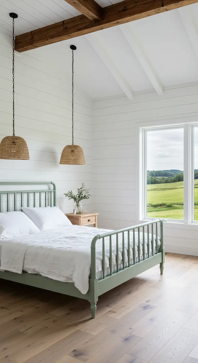 Dormitorio de estilo granja moderna con paredes blancas de lamas y cama verde salvia.