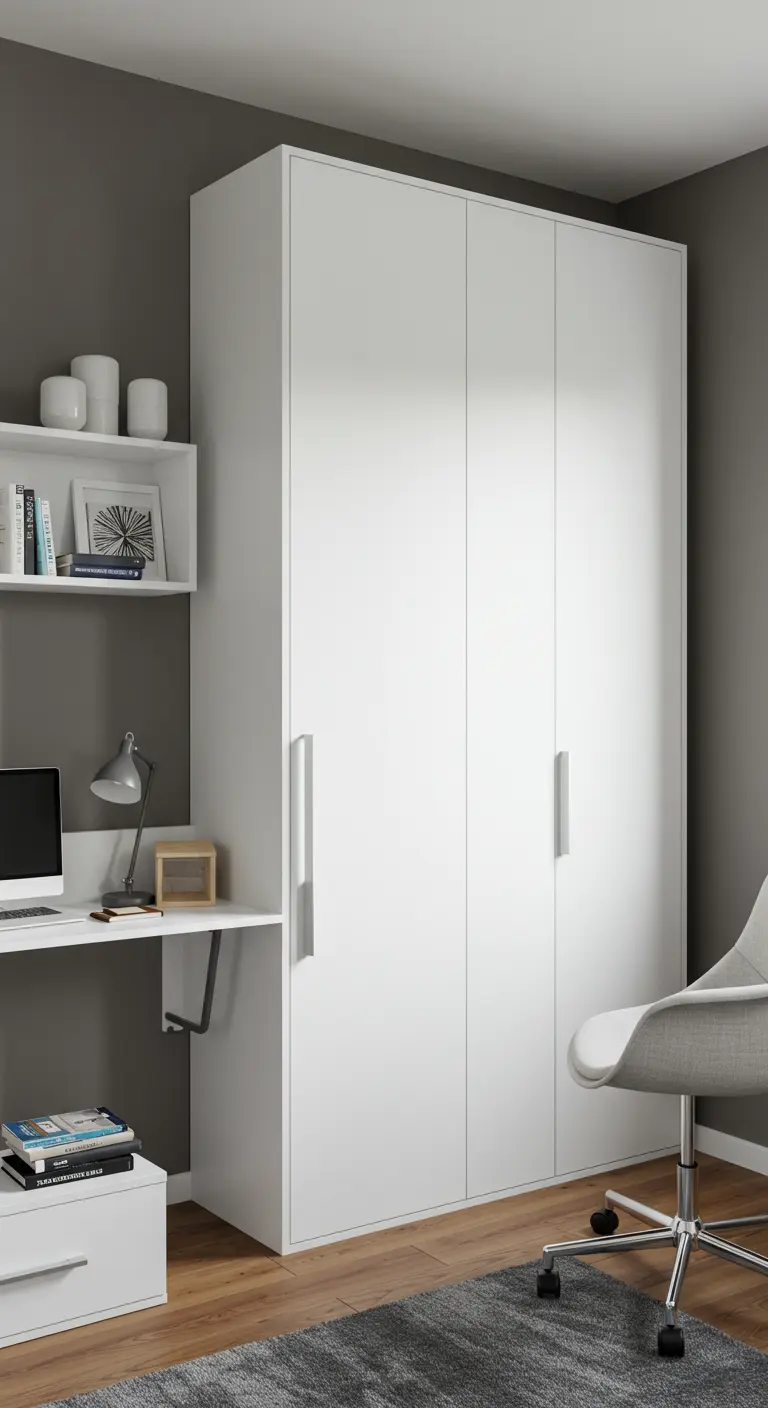 Armario blanco minimalista con un escritorio integrado en el lateral y una silla de oficina.