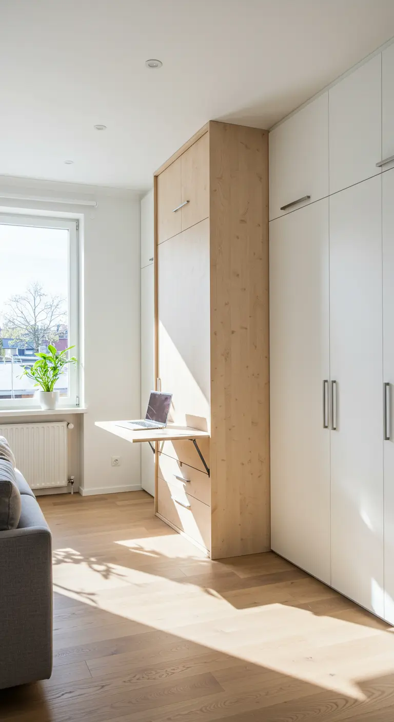 Cama abatible de madera clara integrada en un gran armario blanco, con un pequeño escritorio plegable.