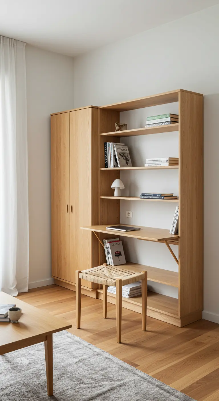 Librería de madera con un escritorio abatible integrado, mostrando una oficina compacta y funcional.