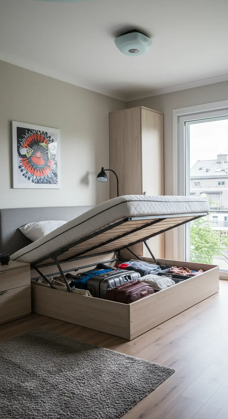 Cama con canapé abatible levantado, mostrando el espacio de almacenaje lleno.