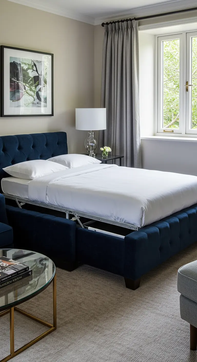 Cama tipo canapé con base abatible de terciopelo azul que revela un gran espacio de almacenamiento.