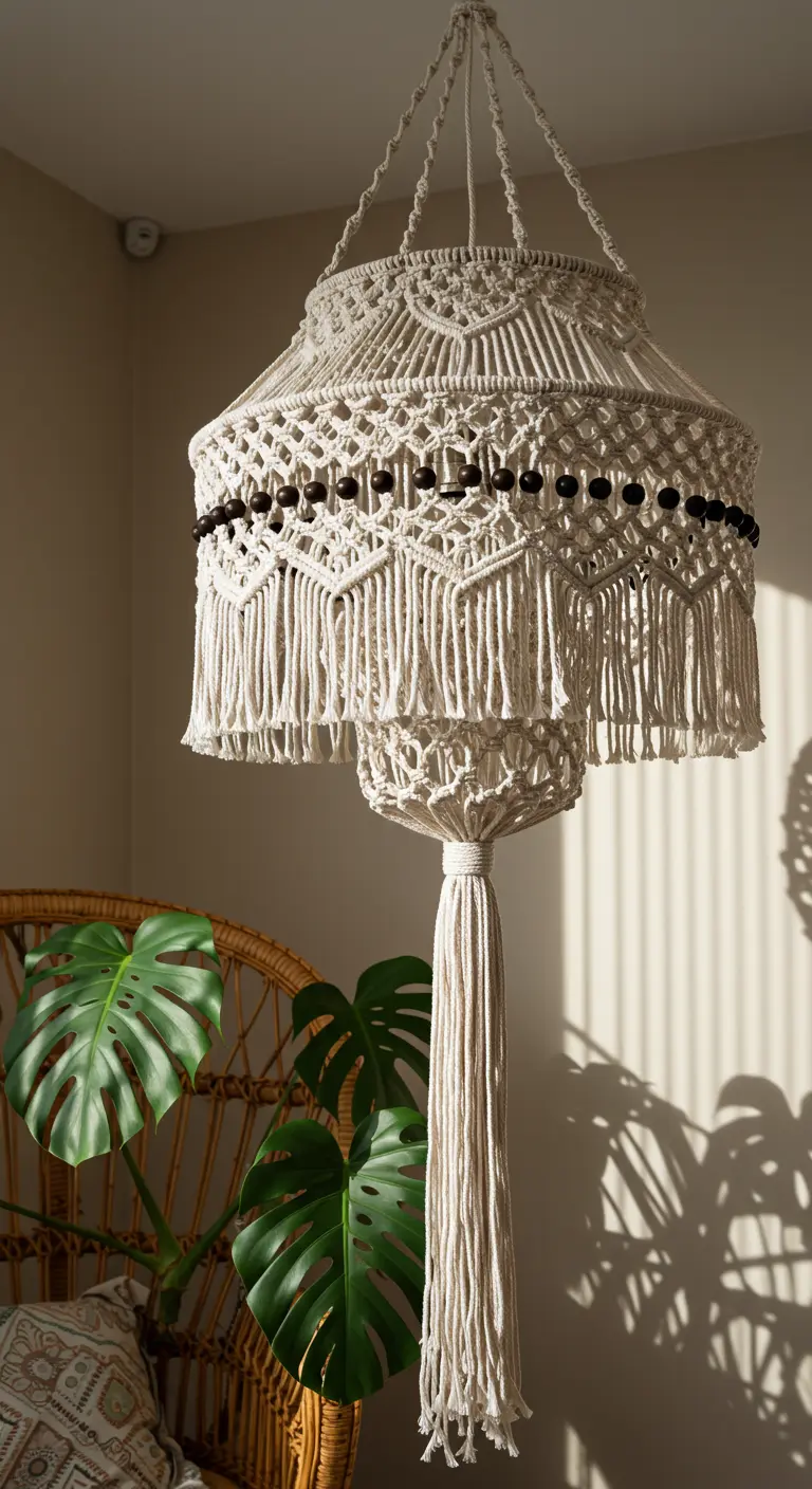 Lámpara de macramé colgante estilo candelabro con cuentas de madera y borla larga.