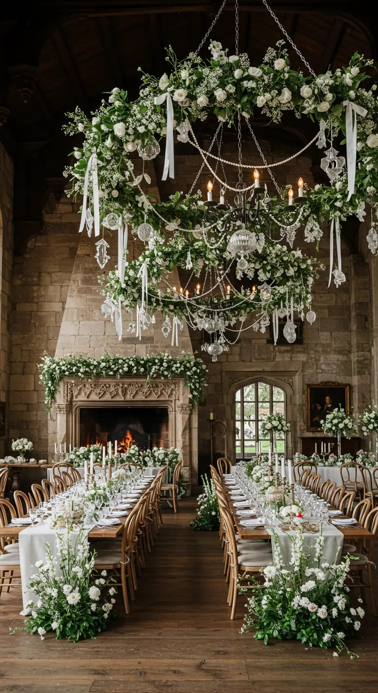 Salón tipo castillo con un enorme candelabro circular de flores blancas y cristales.