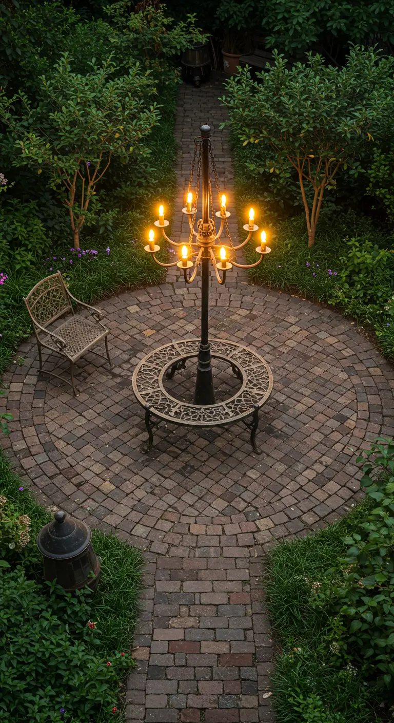 Candelabro de estilo antiguo montado en un poste en el centro de un patio circular de adoquines