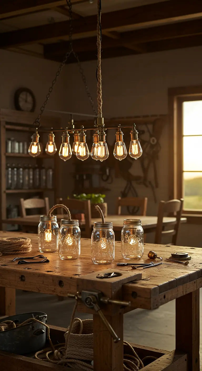 Lámpara colgante DIY de estilo rústico hecha con frascos de vidrio y bombillas Edison sobre una mesa de madera.