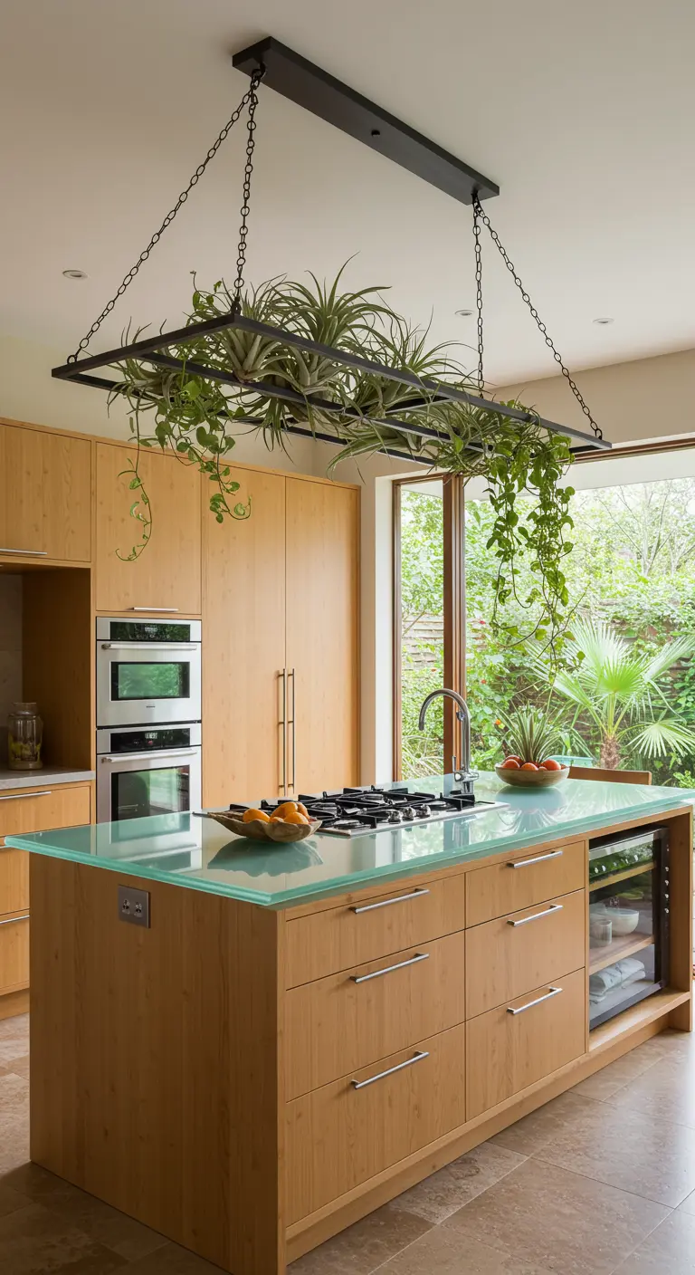 Cocina de madera con una estructura metálica colgante sobre la isla llena de plantas de aire.