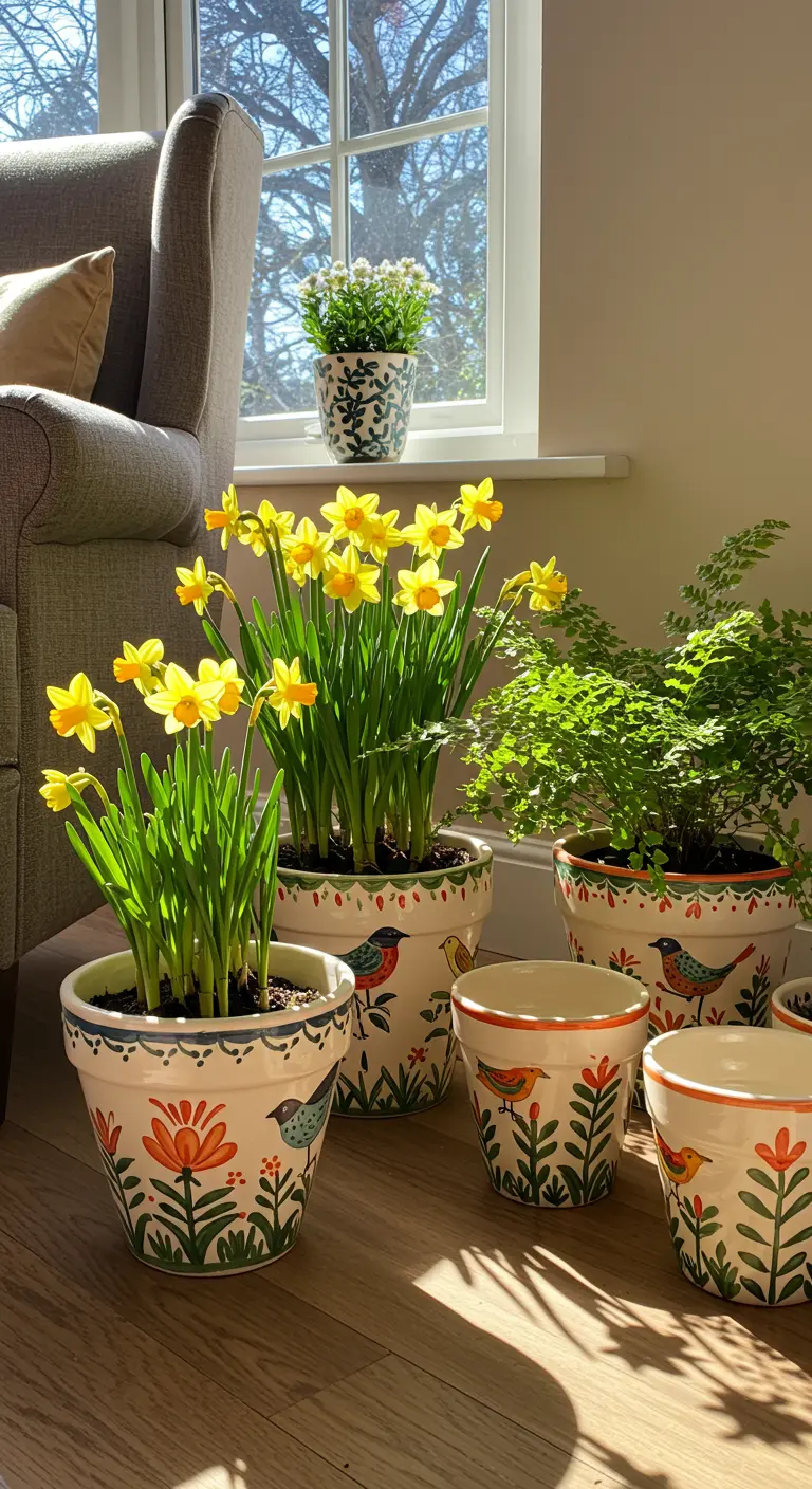 Macetas de cerámica blanca pintadas a mano con pájaros y flores de estilo folk.
