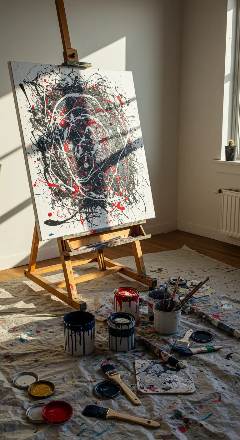 Cuadro abstracto estilo Pollock con salpicaduras en rojo, negro y blanco sobre un caballete de madera.